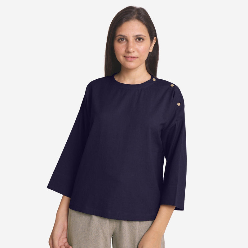 Front View of a Model wearing Navy Blue Cotton Flax Flared A-Line Top