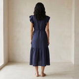 Navy Blue Cotton Flax Ruffle Midi Wrap Dress
