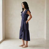 Navy Blue Cotton Flax Ruffle Midi Wrap Dress