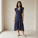 Navy Blue Cotton Flax Ruffle Midi Wrap Dress