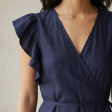 Navy Blue Cotton Flax Ruffle Midi Wrap Dress