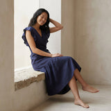 Navy Blue Cotton Flax Ruffle Midi Wrap Dress