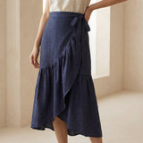 Navy Blue Cotton Flax Ruffle Midi Wrap Skirt
