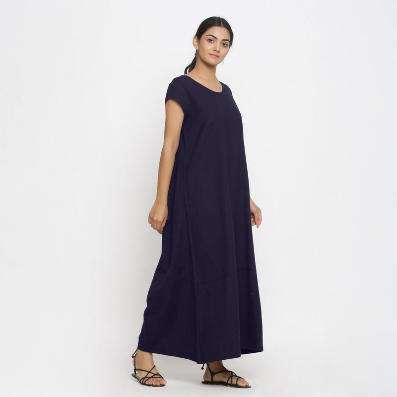 Right View of a Model wearing Navy Blue Cotton Flax A-Line Paneled Dress