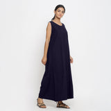 Navy Blue Cotton Flax Scoop Neck Sleeveless Maxi Dress