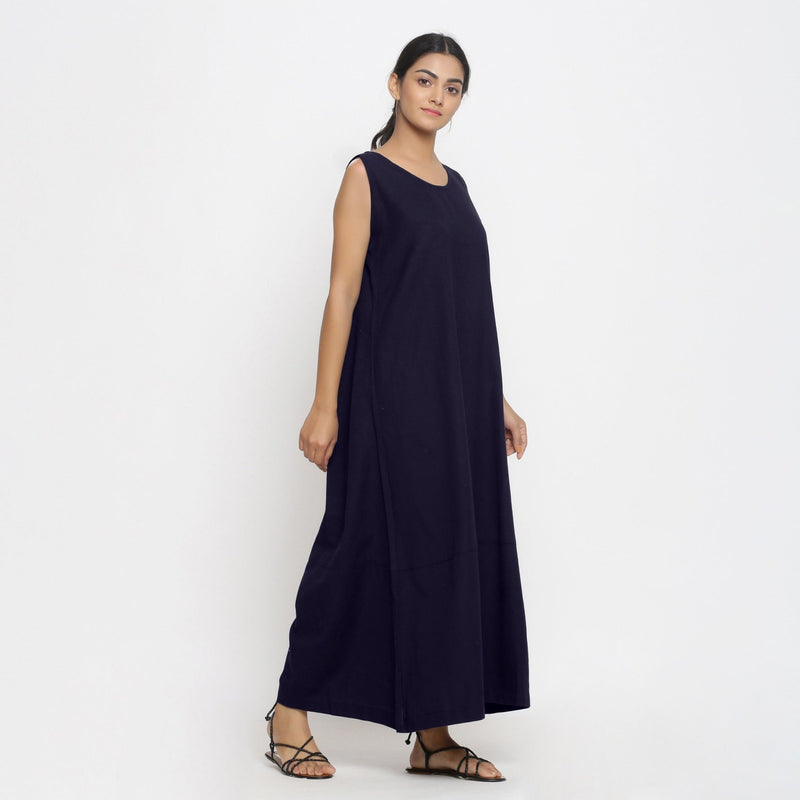 Navy Blue Cotton Flax Scoop Neck Sleeveless Maxi Dress