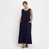 Navy Blue Cotton Flax Scoop Neck Sleeveless Maxi Dress