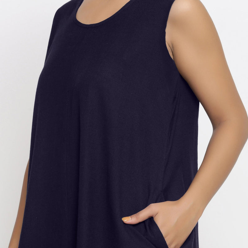 Navy Blue Cotton Flax Scoop Neck Sleeveless Maxi Dress