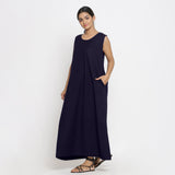 Navy Blue Cotton Flax Scoop Neck Sleeveless Maxi Dress