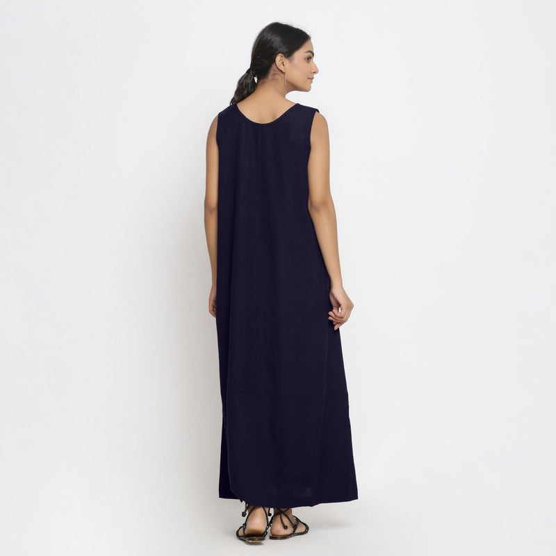 Navy Blue Cotton Flax Scoop Neck Sleeveless Maxi Dress