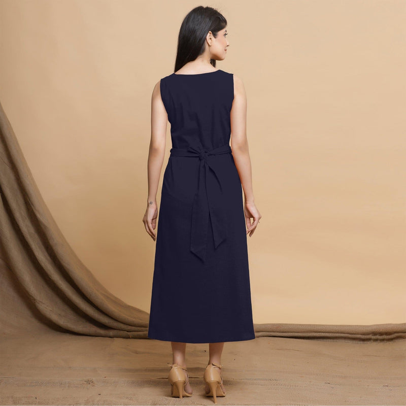 Buy Navy Blue Cotton Flax Sleeveless A-Line Midi Dress Online at SeamsFriendly Buy Navy Blue Cotton Flax Sleeveless A-Line Midi Dress Online at SeamsFriendly