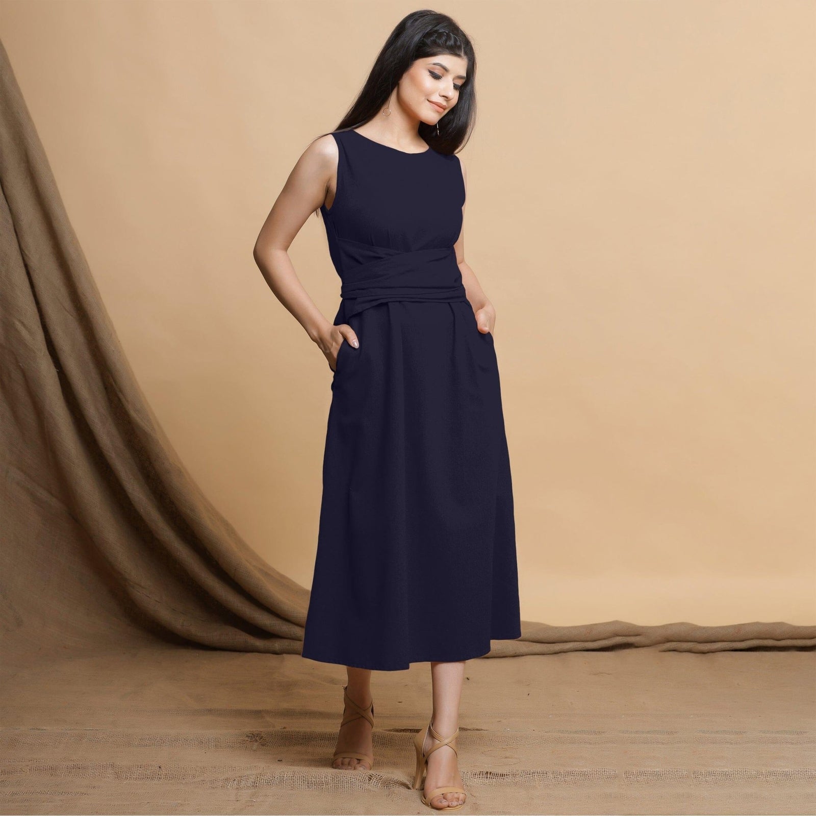 Navy Blue Cotton Flax Sleeveless A-Line Midi Dress 50" / Custom Height (Free) Navy Blue Cotton Flax Sleeveless A-Line Midi Dress 50" / Custom Height (Free)