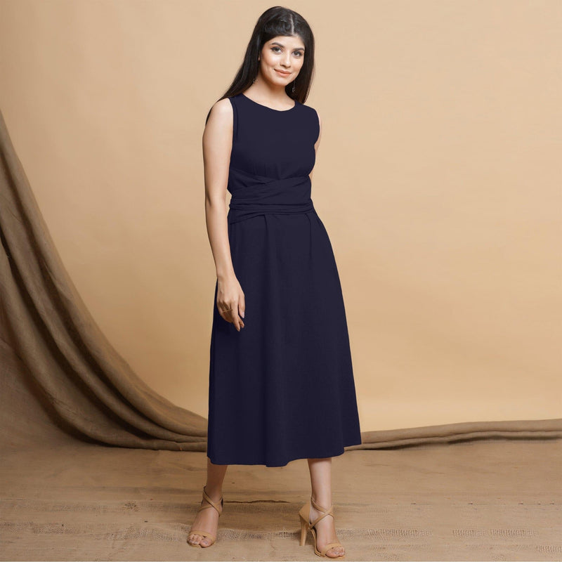 Navy Blue Cotton Flax Sleeveless A-Line Midi Dress