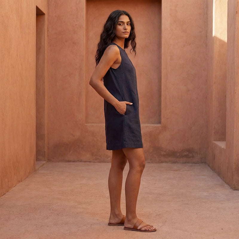 Buy Navy Blue Cotton Flax Sleeveless A-Line Short Shift Dress Online at  SeamsFriendly