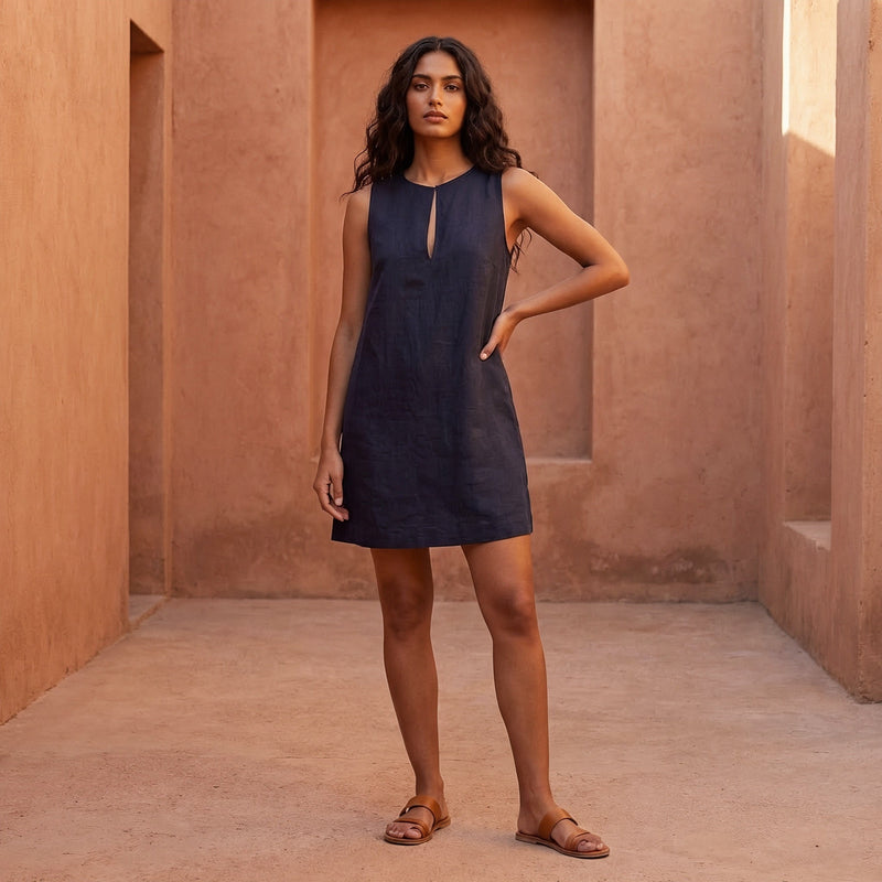 navy blue shift dress Cotton Flax Sleeveless A-Line Short 58