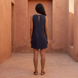 Navy Blue Cotton Flax Sleeveless A-Line Short Shift Dress