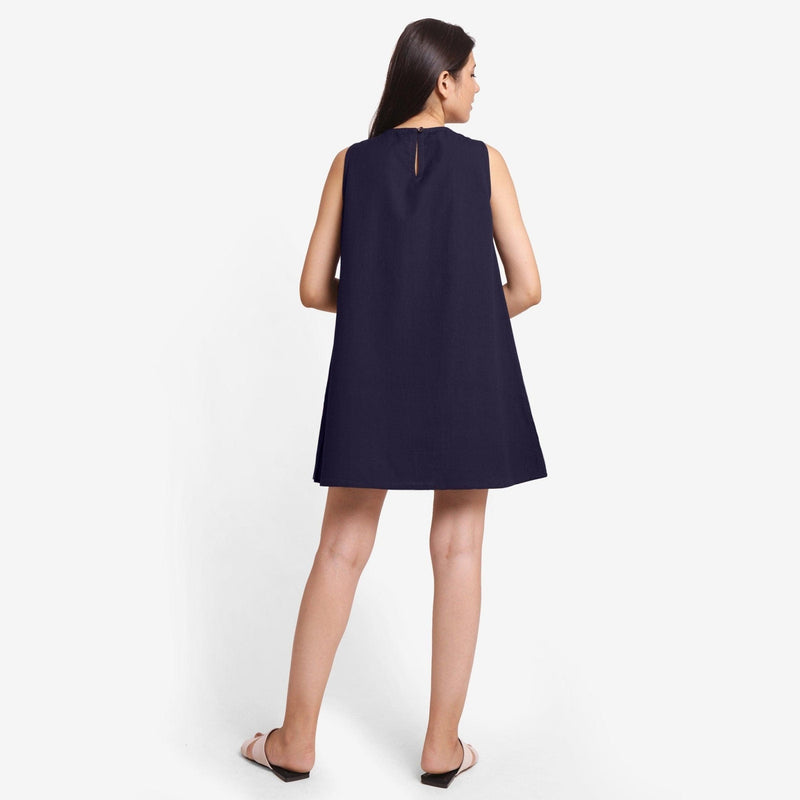 Back View of a Model wearing Navy Blue Cotton Flax Kangaroo Pocket Dress