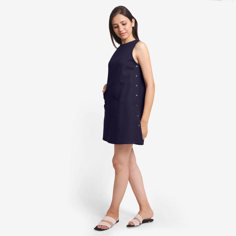 Left View of a Model wearing Navy Blue Cotton Flax Kangaroo Pocket Dress