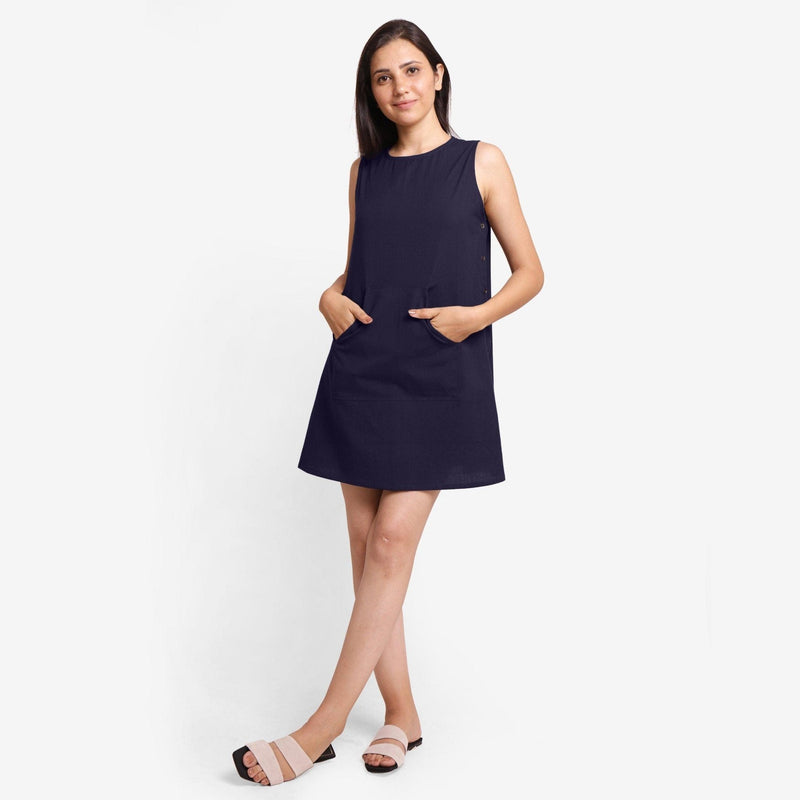 Front View of a Model wearing Navy Blue Cotton Flax Kangaroo Pocket Dress