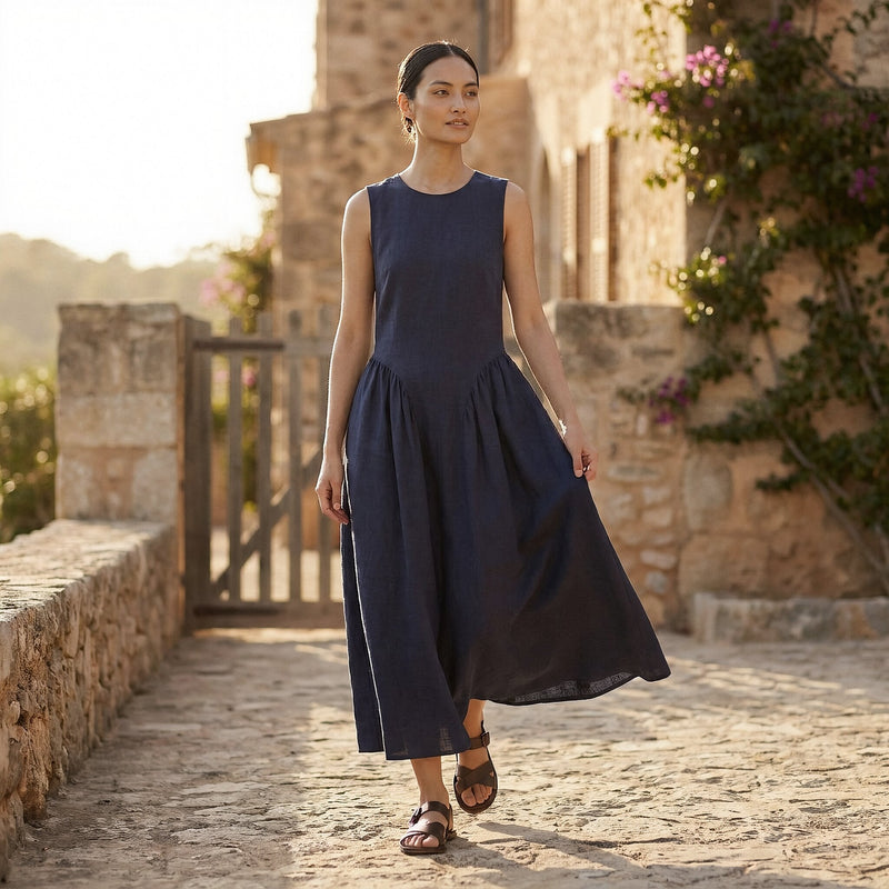 Buy Navy Blue Cotton Flax Sleeveless Paneled Maxi Dress Online at SeamsFriendly Buy Navy Blue Cotton Flax Sleeveless Paneled Maxi Dress Online at SeamsFriendly