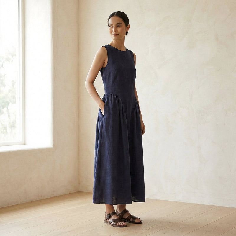 Navy Blue Cotton Flax Sleeveless Paneled Maxi Dress 38