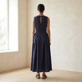 Navy Blue Cotton Flax Sleeveless Paneled Maxi Dress