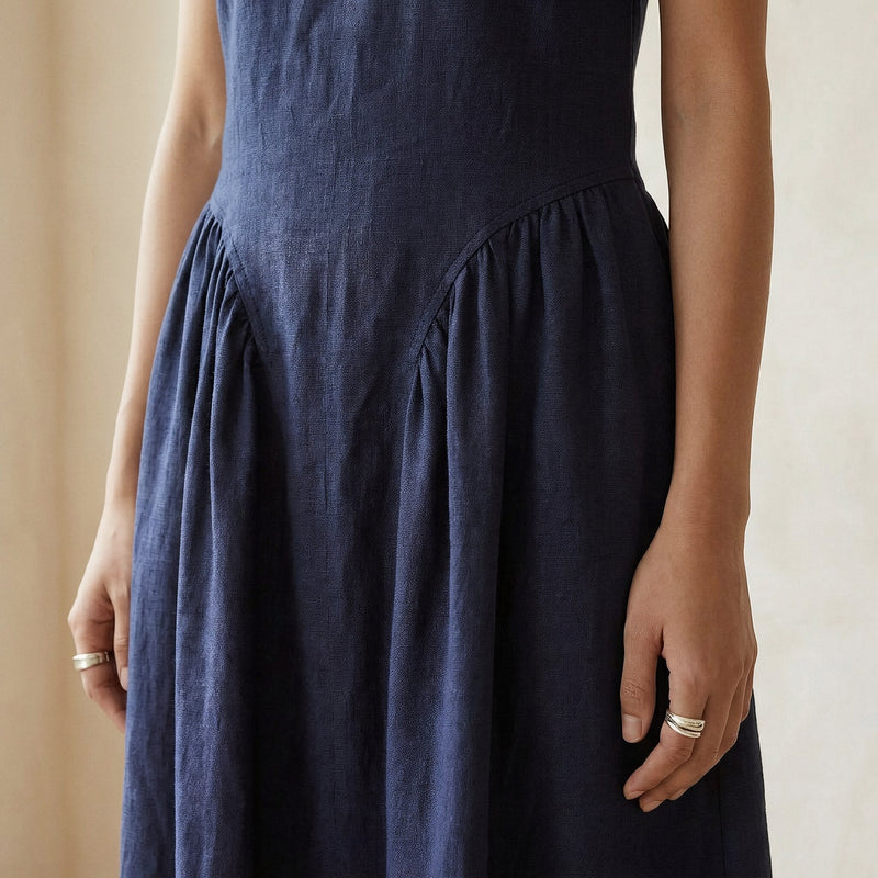 Buy Navy Blue Cotton Flax Sleeveless Paneled Maxi Dress Online at  SeamsFriendly