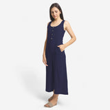 Navy Blue Cotton Flax Sleeveless Wide Legged Jumpsuit