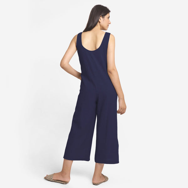 Navy Blue Cotton Flax Sleeveless Wide Legged Jumpsuit