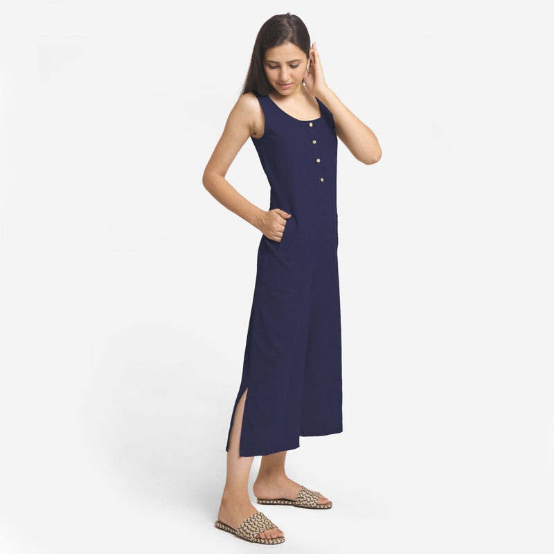 Navy Blue Cotton Flax Sleeveless Wide Legged Jumpsuit