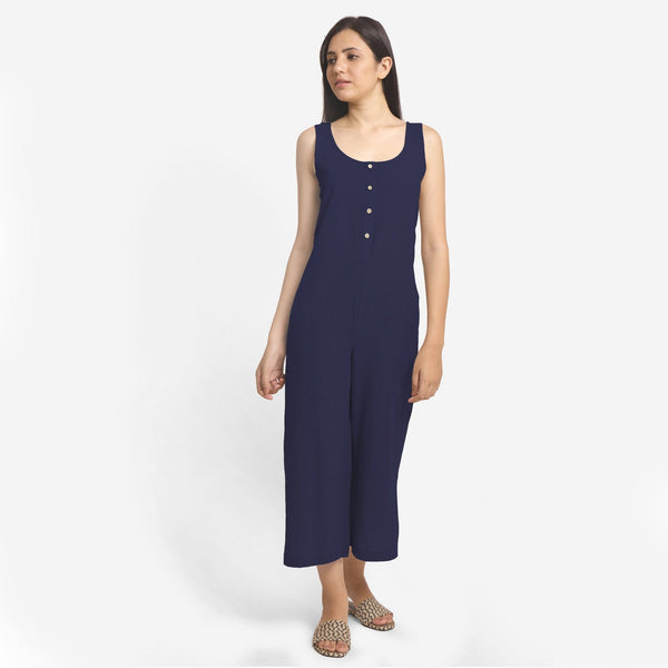 Navy Blue Cotton Flax Sleeveless Wide Legged Jumpsuit