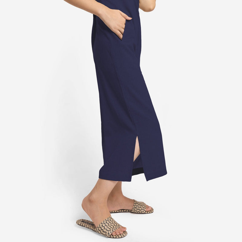 Navy Blue Cotton Flax Sleeveless Wide Legged Jumpsuit