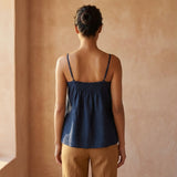 Navy Blue Cotton Flax Spaghetti Strap Top with Elastic Gathered Back