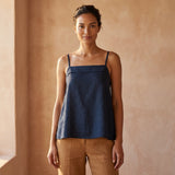 Navy Blue Cotton Flax Spaghetti Strap Top with Elastic Gathered Back