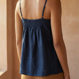 Navy Blue Cotton Flax Spaghetti Strap Top with Elastic Gathered Back