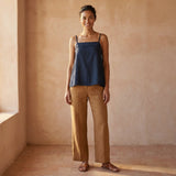 Navy Blue Cotton Flax Spaghetti Strap Top with Elastic Gathered Back