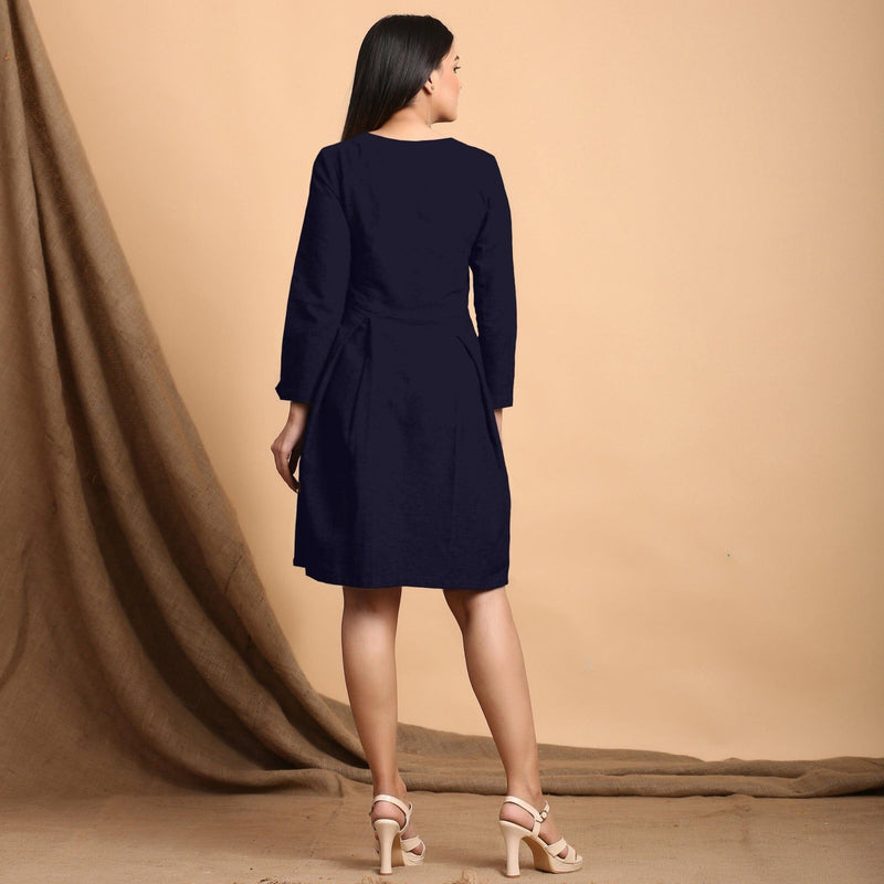 Navy Blue Cotton Flax Square Neck Pleated Short Dress 40" / Regular (5'2" - 5'6") Navy Blue Cotton Flax Square Neck Pleated Short Dress 40" / Regular (5'2" - 5'6")