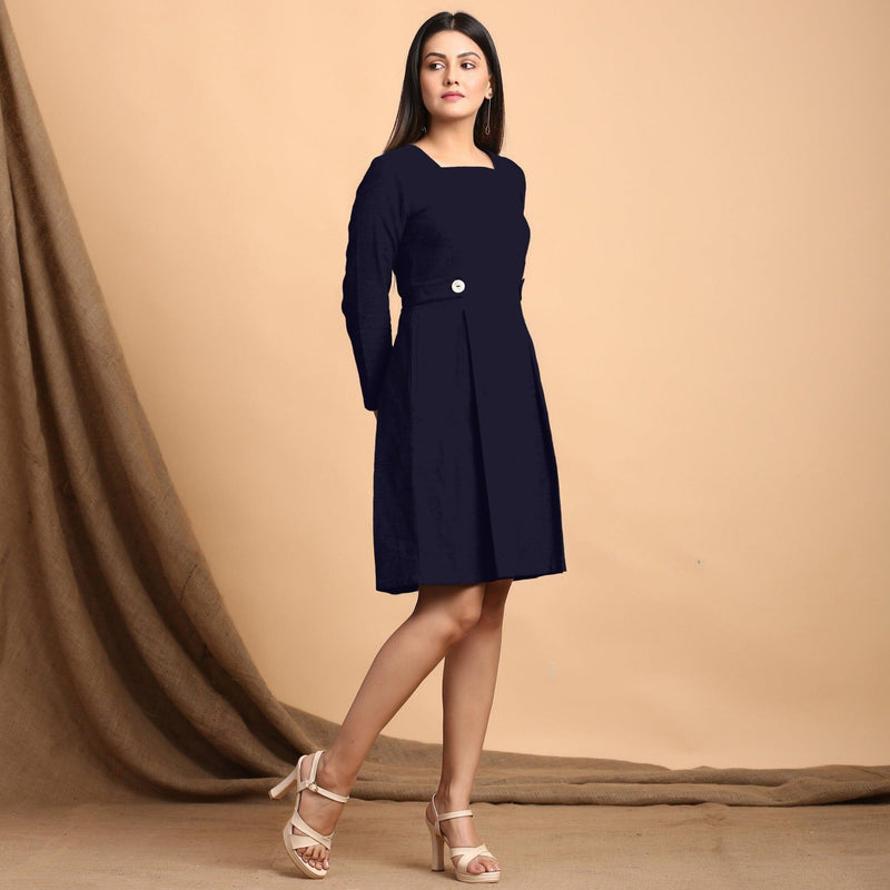 Navy Blue Cotton Flax Square Neck Pleated Short Dress 40