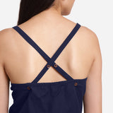 Navy Blue Cotton Flax U-Neck Criss-Cross Spaghetti Top