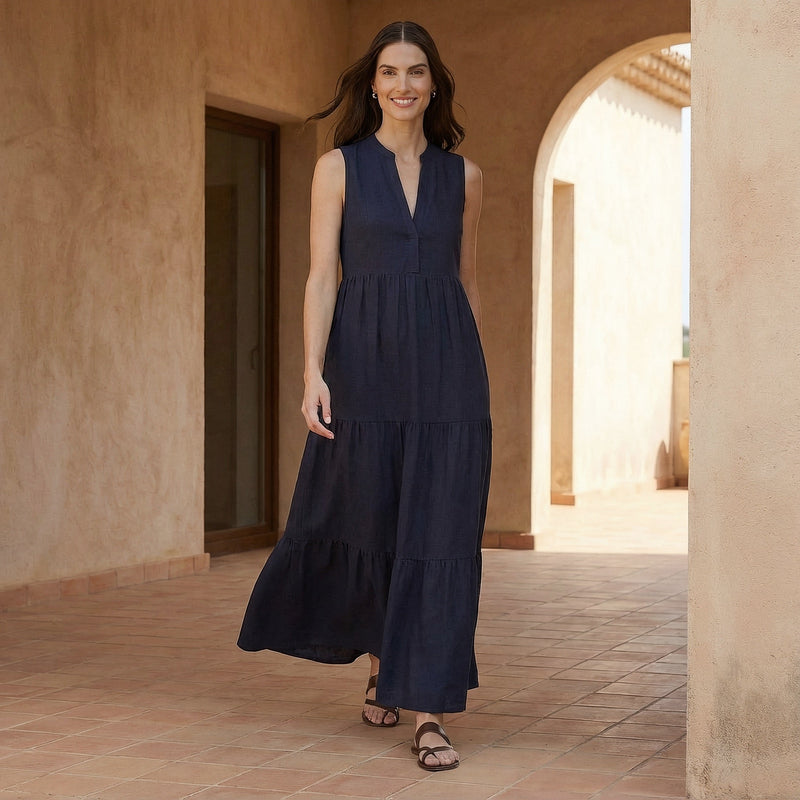 white christmas dresses Navy Blue Cotton Flax V-Neck Maxi Tier Dress 54