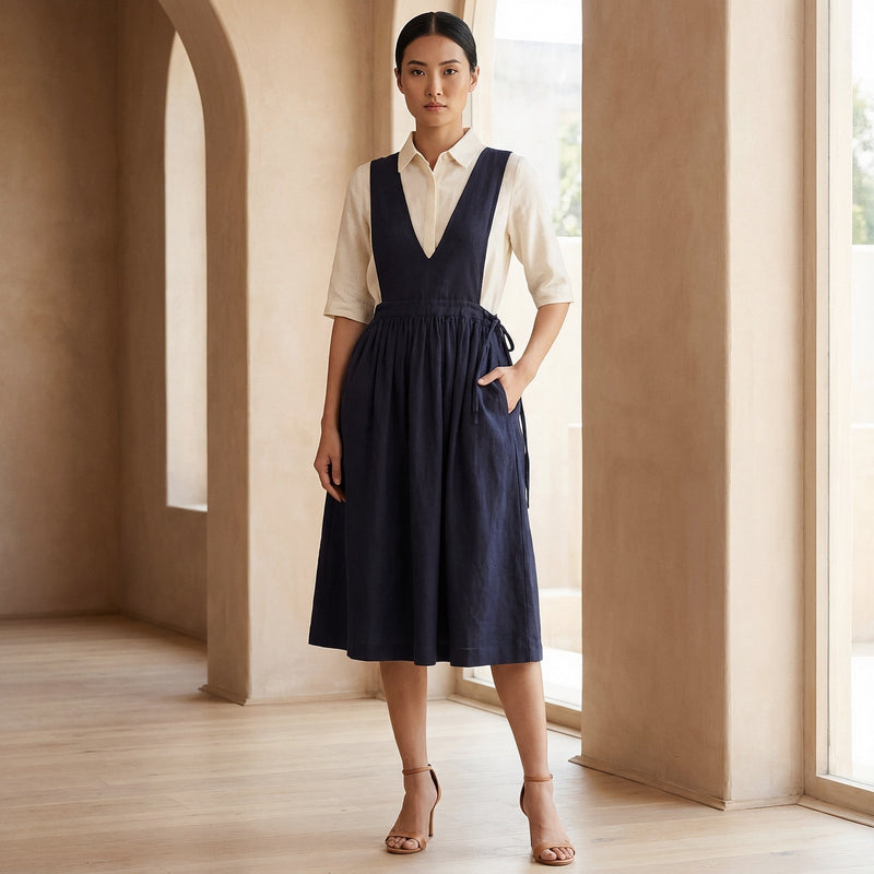 Navy Blue Cotton Flax V-Neck Pinafore Midi Wrap Dress 60
