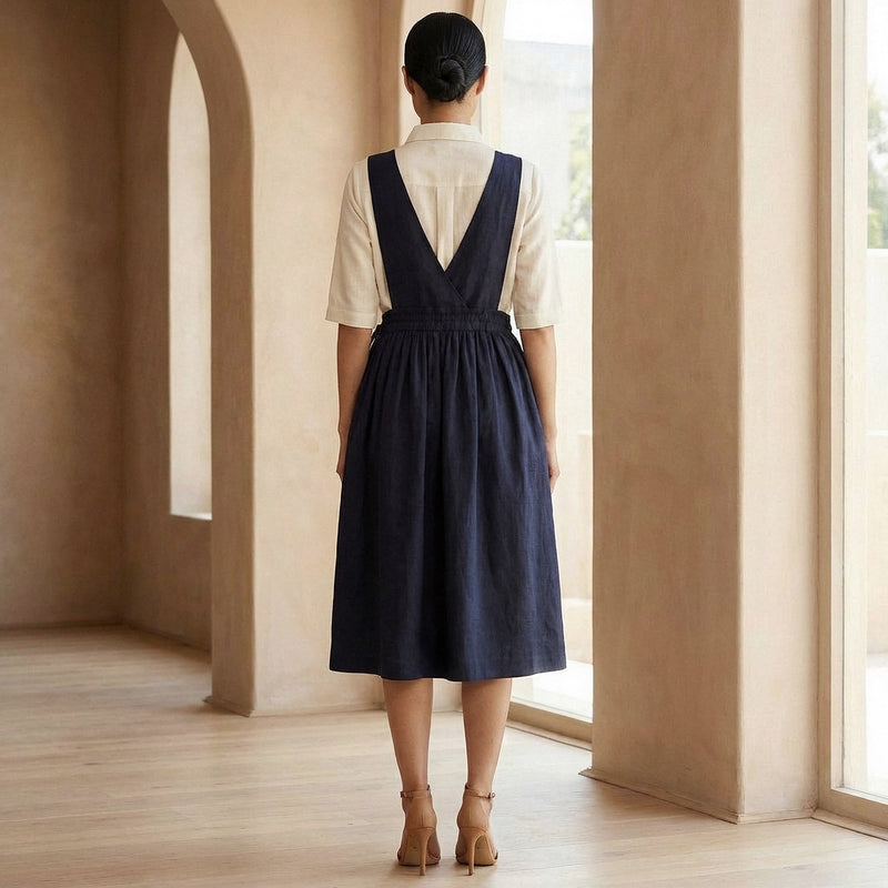 Navy Blue Cotton Flax V-Neck Pinafore Midi Wrap Dress 60