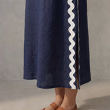 Navy Blue Cotton Flax Wavy Stripe Maxi Shift Dress