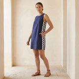 Navy Blue Cotton Flax Wavy Stripe Short Shift Dress