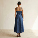 Navy Blue Cotton Linen Ankle Length Flared Sundress