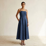 Navy Blue Cotton Linen Ankle Length Flared Sundress