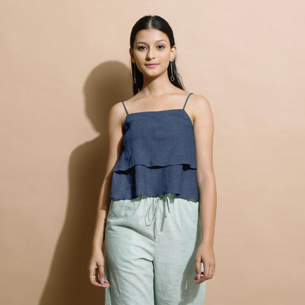 Navy Blue Cotton Linen Camisole Crop Top