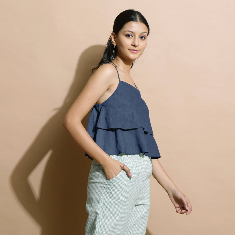 Navy Blue Cotton Linen Camisole Crop Top