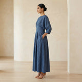 Navy Blue Cotton-Linen Cinched Waist Flared Maxi Dress