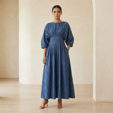 Navy Blue Cotton-Linen Cinched Waist Flared Maxi Dress